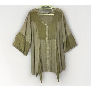 Roaman's 3XL Sage Green Fairy Embroidered Lace Panel Bell Sleeve Boho Blouse Top